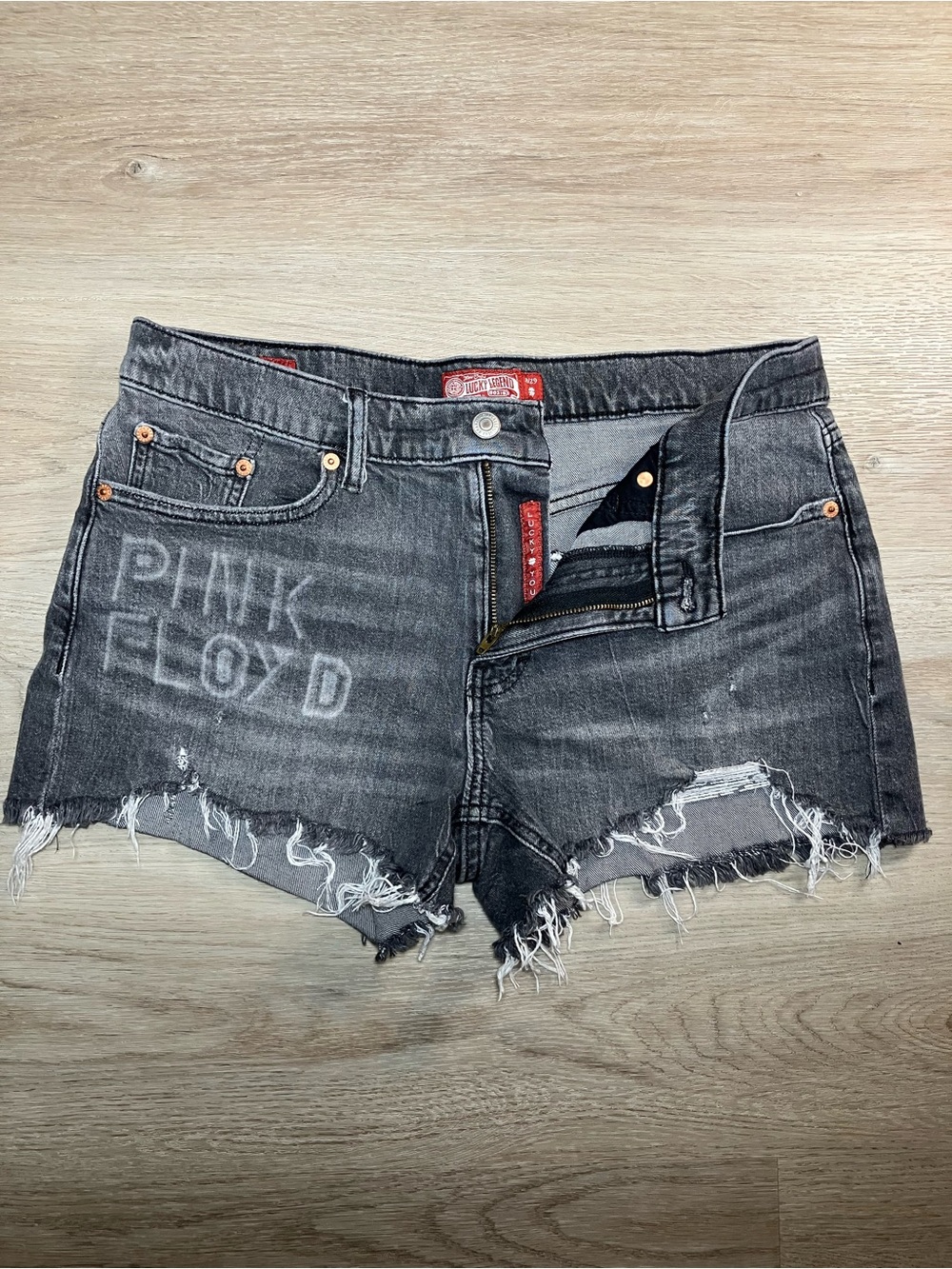 Lucky Brand Black Distressed Pink Floyd Graphic Jean Shorts